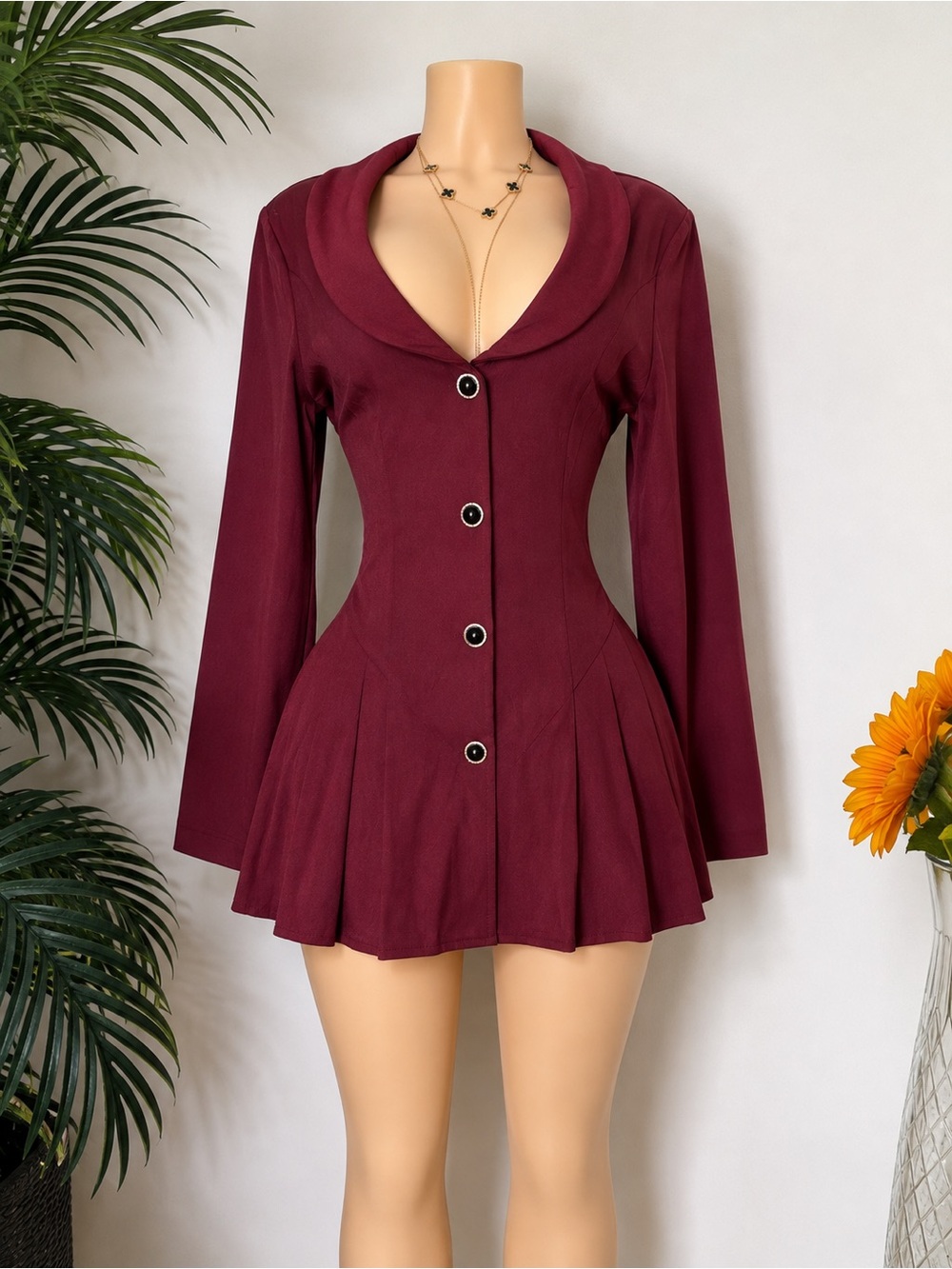 SHEIN Burgundy Shawl-Collar Buttoned Fit-and-Flare Mini Dress